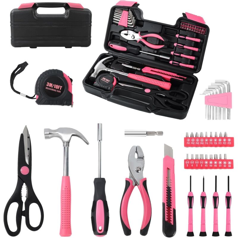 39 Piece Home Tool Set - Idéal pour la maison, le garage, le bureau et le dortoir - Outils essentiels pour la maison (Rose)