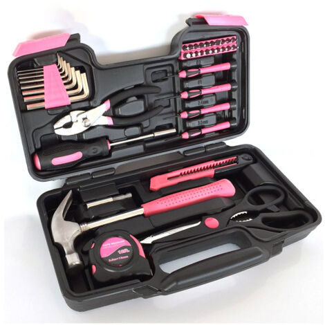 39-teiliger rosafarbener Werkzeugkasten für Frauen, komplettes und tragbares DIY-Set mit Zange, Hammer, Schraubendreher – ideal für Heimarbeiten und Reparaturen