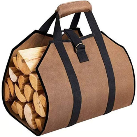 39" x 18" Canvas Wood Bag Fireplace Heater Bag Waterproof Outdoor Log Carrier Wood Storage with Non-Slip Strong Handles Straps Log Holder Brown