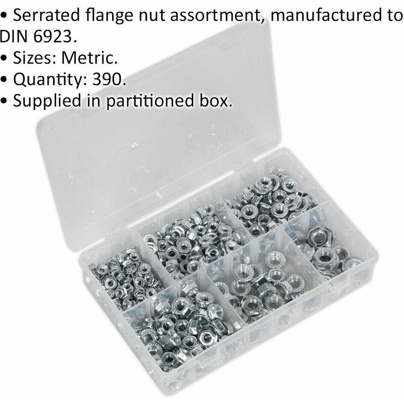 Loops - 390 Piece Serrated Flange Nut Assortment - M5 to M12 - Partitioned Storage Box