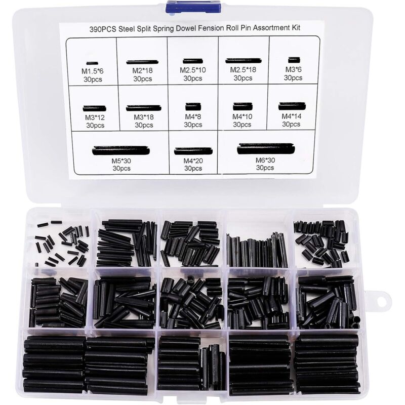 390 Pieces Split Spring Pin Assortment Kit M1.5 M2 M2.5 M3 M4 M5 M6 with Box
