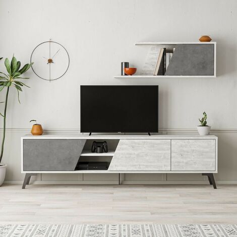 (3c) Porta TV Fiona Bianco Vintage con Anta Retro Grey e Mensola H 48 x P 35,60 x L 180 cm
