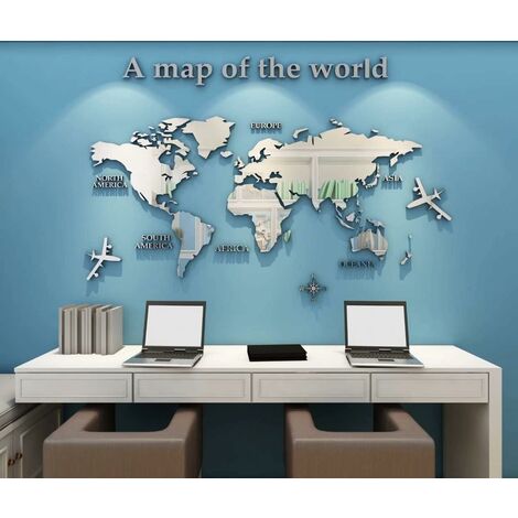 3D Art Carte Du Monde Muraux Sticker Murale Wall Décoration Décor Stickers Sticker Autocollant Murale Muraux Wall DIY Acrylique Cristal Bureau Étude Salon Canapé Fond Décor 120 60cm(argent)