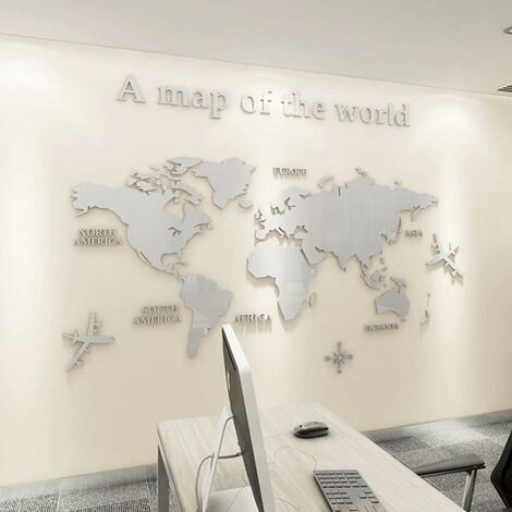 3D Art Carte Du Monde Muraux Sticker Murale Wall Décoration Décor Stickers Sticker Autocollant Murale Muraux Wall DIY Acrylique Cristal Bureau Étude Salon Canapé Fond Décor 180 100cm (gris clair)