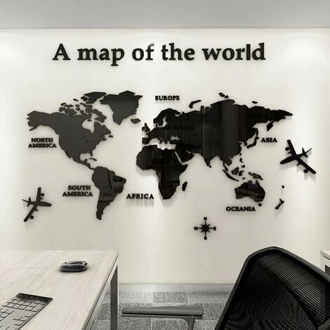 3D Art Carte Du Monde Muraux Sticker Murale Wall Décoration Décor Stickers Sticker Autocollant Murale Muraux Wall DIY Acrylique Cristal Bureau Étude Salon Canapé Fond Décor 180 100cm (le noir)