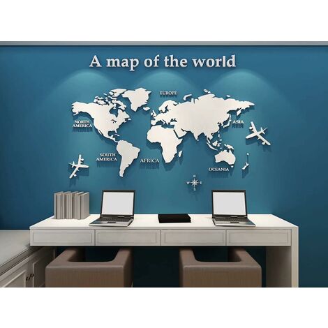 3D Art Carte Du Monde Muraux Sticker Murale Wall Décoration Décor Stickers Sticker Autocollant Murale Muraux Wall DIY Acrylique Cristal Bureau Étude Salon Canapé Fond Décor 80 40cm(Blanc)