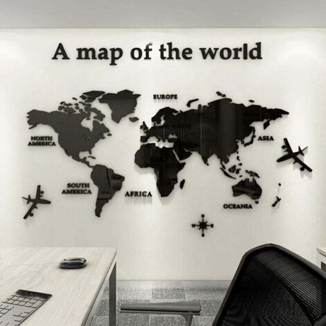 3D Art Carte Du Monde Muraux Sticker Murale Wall Décoration Décor Stickers Sticker Autocollant Murale Muraux Wall DIY Acrylique Cristal Bureau étude Salon Canapé Fond Décor (Noir,80 × 40cm)