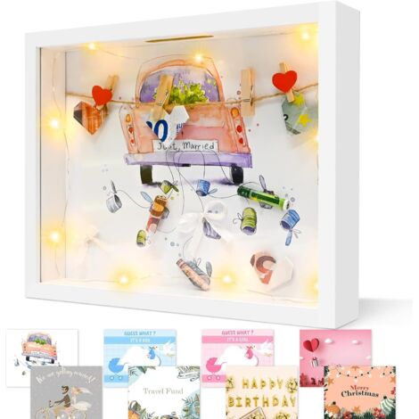 3D-Bilderrahmen zum Befüllen, personalisierte Spardose, tiefer Rahmen mit Beleuchtung und Plexiglas, 3D-Objektrahmen für Hochzeit, Taufe, Reisen, Geburtstag, Geldgeschenk zur Hochzeit