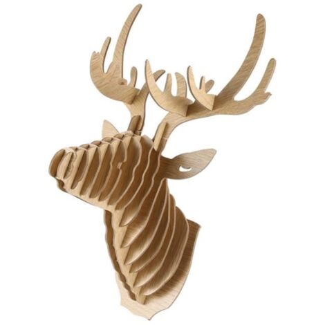 3D Bois Sculpture de Tete de Cerf Decoration Murale et Crochet Porte Collier Chapeau Cle - Beige