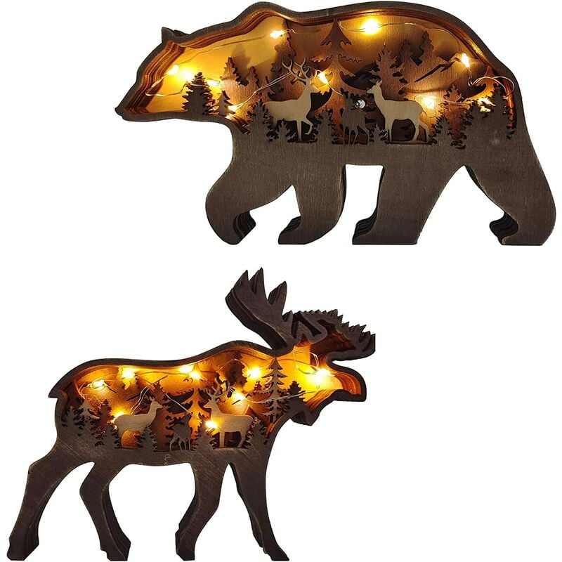 

3D creativo bosque animal madera artesanía decoración de la pared con luces de hadas, decoración del hogar decoraciones de talla de pared alce oso