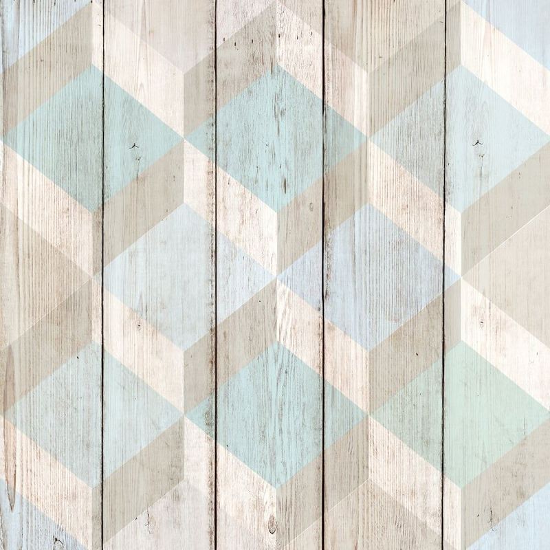 3D Cube Wood Effect Geometric Wallpaper Wooden Panel Plank Board Copenhagen Blue