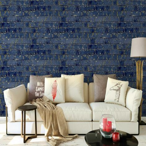 3D Effect Navy Blue Gold Metallic Brick Wallpaper Stone Industrial