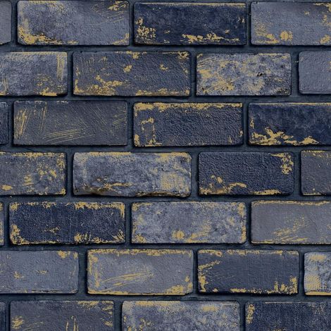 Arthouse Wallpaper Metallic Brick Navy/Gold 692200