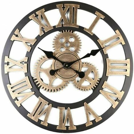 SOLEIL 3D große klassische Vintage-Holz-Stille-Wanduhr, Retro-Zahnraduhr, römische Ziffernuhr, europäischer Stil, Steampunk, industrielle Dekoration, Wohnzimmer, Bar, kreative Wanduhr, modische Uhr
