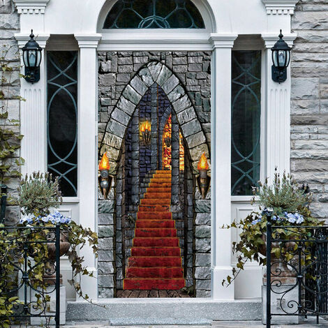 3D Halloween Château Escalier Porte Autocollants, 30 x 79 Pouces Réaliste Château Porte Stickers Muraux pour Halloween Décoration Fête Maison Stickers Muraux e