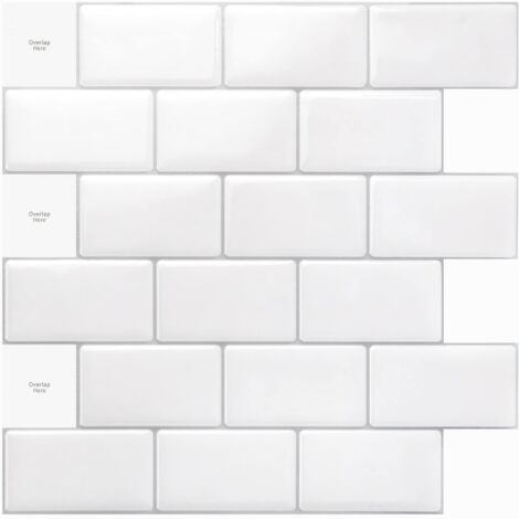 3D kitchen backsplash, 10 sheets, 30 x 30 cm, self-adhesive tiles, glossy white