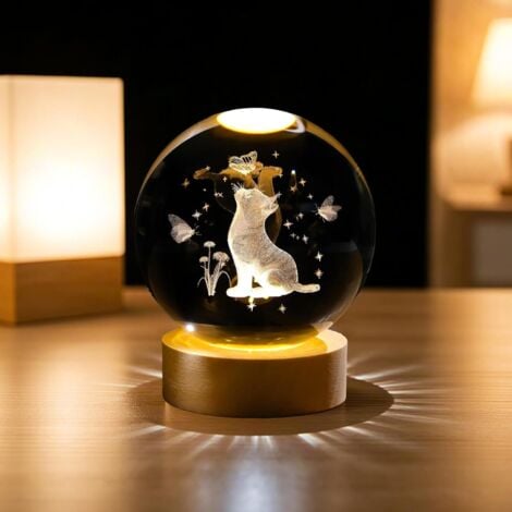 BLUEDEER 3D Kristallkugel Nachtlicht, Glaskugel-Nachtlampe mit Holzsockel, Katzen-Kristallkugel, Katzen Kristallkugel Ornamente, Geschenke für Männer, Frauen, Kinder, Jungen