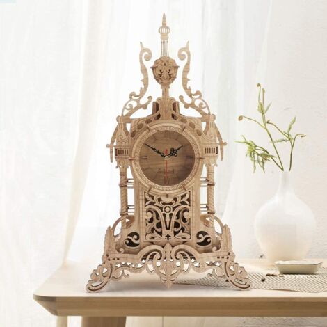 3D Laser Cut Wooden Puzzle, Desk Clock, Woodcraft Construction Kits, DIY Assembly Model Toy Gift for Kids and Adults-47pcs Puzzle- Light