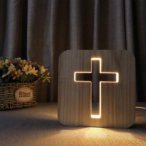 3D LED USB Carved Wood Night Light Children's Bedside Lamp Table Lamp Decorative Lamp 2.5W-cross