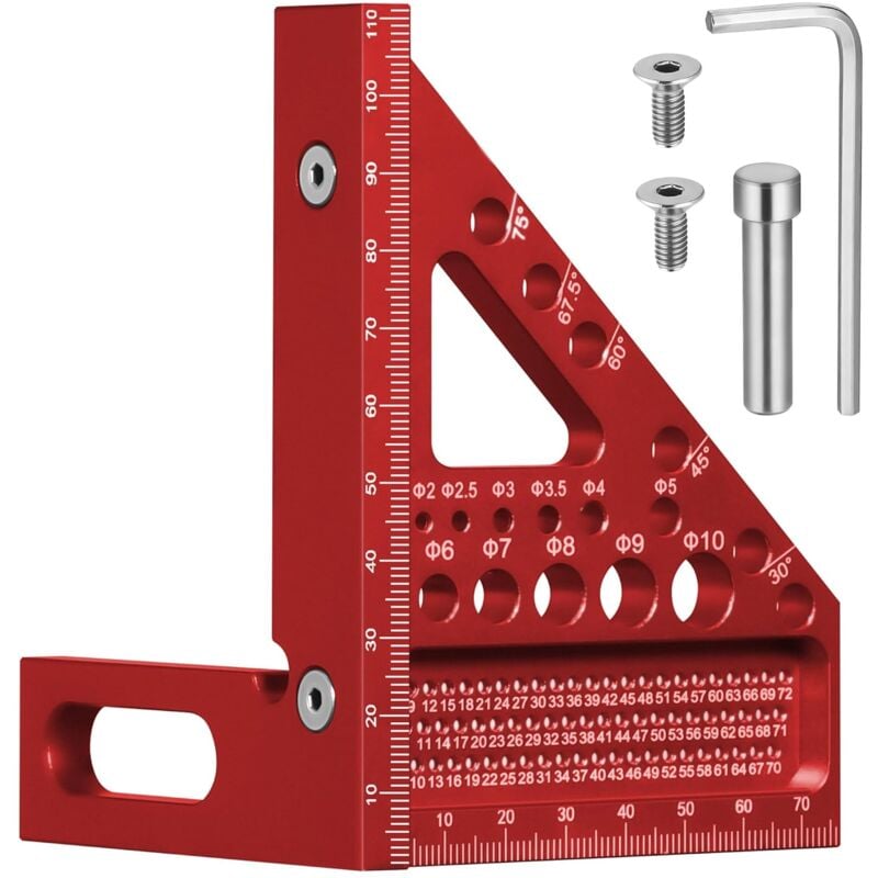 3D Multi-Angle Equerre Menuisier avec Goupilles Cachées, 22.5-90°Equerre 3d en Alliage D'aluminium avec 11 Différents Types de Trous Gabarit de