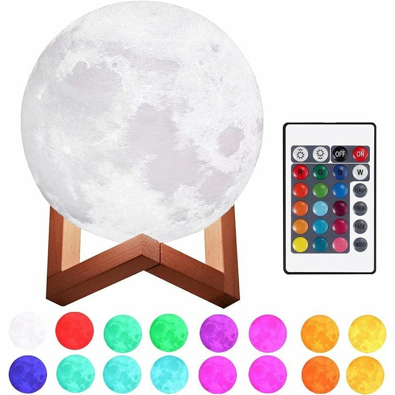 3D Printed Moon Light Lamp 5.9 Inch 15cm Dimmable Touch 16 rgb Color Lunar Night Light with Wooden Mount usb Charging for Bedroom Home Decoration