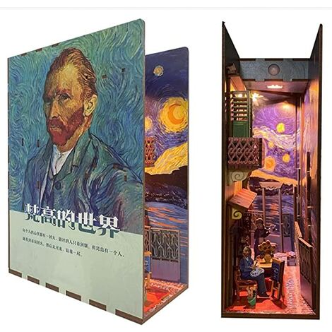 3D Puzzle Book Nook Inserts Book Nook Maquette D'assemblage en Bois avec Lumière à Induction Bricolage en Bois Serre-Livres Ruelle Livre Coin (Color : Van Gogh World)