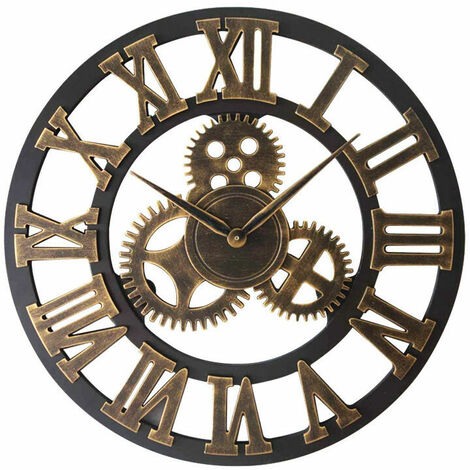 3D Wall Clock Large Classic Vintage Metal Silent Retro Gear Hanging Clock Roman Numeral Horologes European Style Steampunk Industrial Decor for Living Room, Bar,Gold,30cm