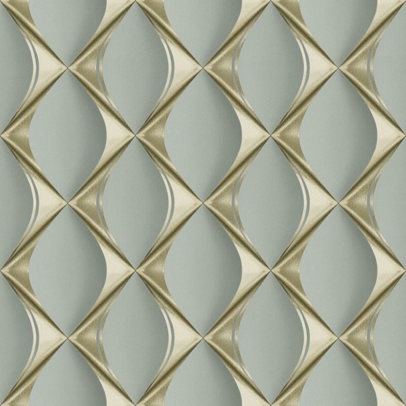 Profhome - 3D wallcovering wall 386913 hot embossed non-woven wallpaper slightly textured with geometric shapes matt green gold mint green 5.33 m2