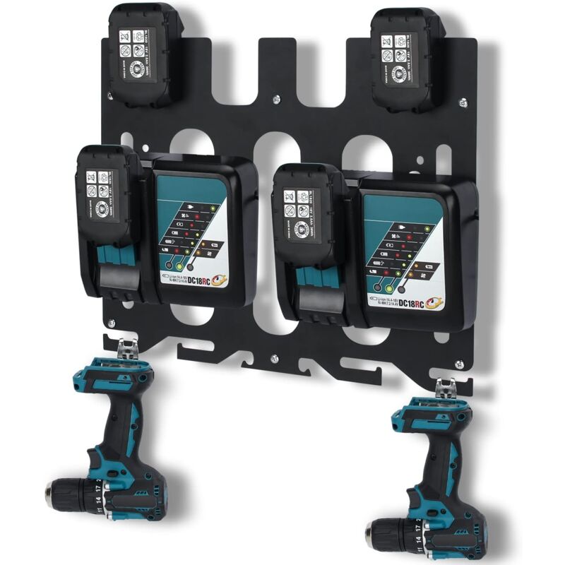 3en1 Support Mural pour Applicable Makita Batteries 18V 14.4V, pour Makita Chargeurs, pour 2x DC18RC ou 1x DC18RD, Support de 4 et Perceuses Sans