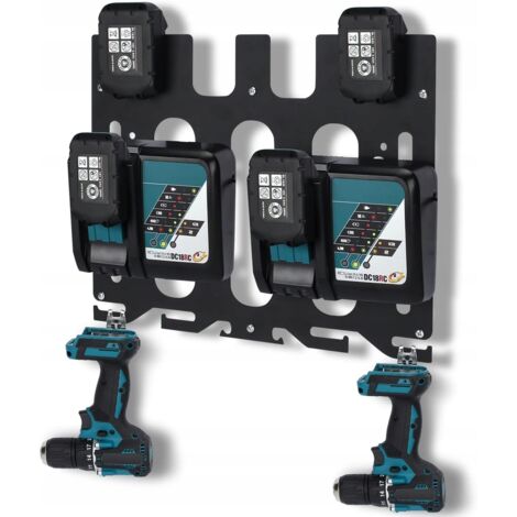 3en1 Support Mural pour Applicable Makita Batteries 18V 14.4V, pour Makita Chargeurs, pour 2x DC18RC ou 1x DC18RD, Support de 4 et Perceuses Sans fil, Noir
