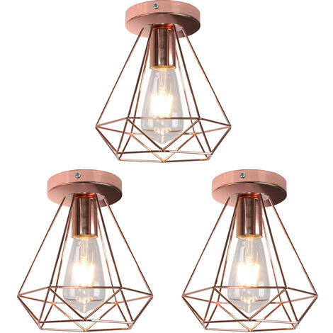 3er Deckenleuchte Vintage Industri Diamant Deckenlampe mit Ø20cm Käfig Semi-Flush Mount Eisen Licht E27 Lampenfassung für Esszimmer Schlafzimmer Loft Bar Café (Rosegold)