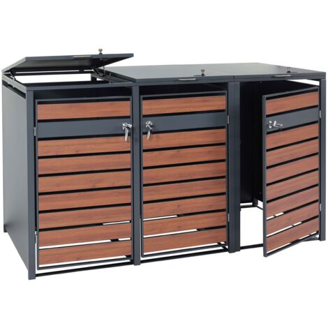 3er Mülltonnenverkleidung HHG-352, Mülltonnenbox, erweiterbar, Metall 82kg, anthrazit Kirsche-Holzoptik dunkelbraun
