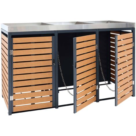 3er Mülltonnenverkleidung HHG-618, Mülltonnenbox mit Pflanzkasten, 124x200x84cm WPC Edelstahl 107kg Teak-Optik