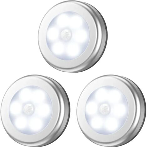 3er-Pack 6-LED-Nachtlicht mit Bewegungssensor, automatischer Ein-/Ausschaltfunktion für Flur/Küche/Schlafzimmer/Treppe/Kleiderschrank (Silber, weißes Licht)