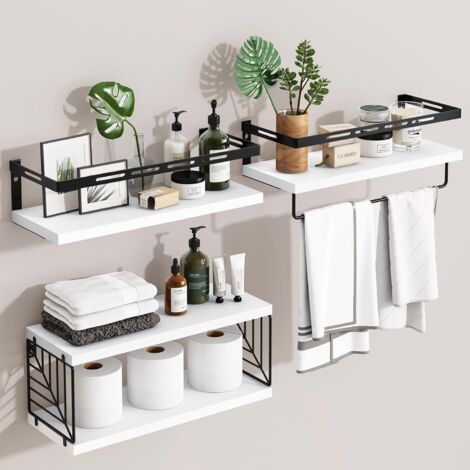 3er Pack Badezimmer-Wandregale – Schwebende Rustik-Holzregale mit Metallrahmen und Handtuchhalter, für WC, Küche, Schlafzimmer und Wohnzimmer