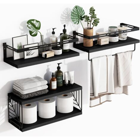 3er Pack Badezimmer-Wandregale – Schwebende Rustik-Holzregale mit Metallrahmen und Handtuchhalter, für WC, Küche, Schlafzimmer und Wohnzimmer
