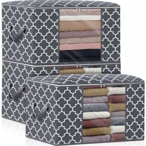 3er-Pack große Aufbewahrungstaschen für Decken, Kleidung, Bettwäsche, Bettdecken, 100 l, faltbarer Organizer mit verstärktem Griff, transparentem Fenster, robusten Reißverschlüssen, grau