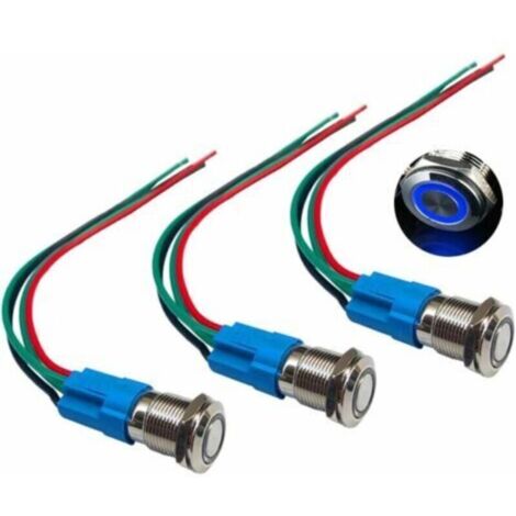 3er-Pack Premium 12V 3A Momenttaster, 12mm Drucktaster, blaue LED, IP66 wasserdicht, mit Netzstecker und Kabel