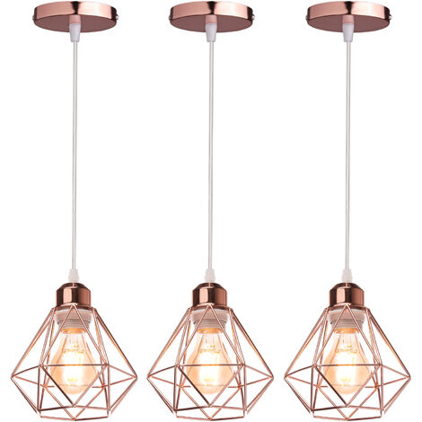 3er Pendelleuchte, Kronleuchter im Industri Stil, Antik Hängelampe mit Ø16cm Mini Diamant-Form Käfig E27 Halter für Wohnzimmer Schlafzimmer Esszimmer (Rosegold)