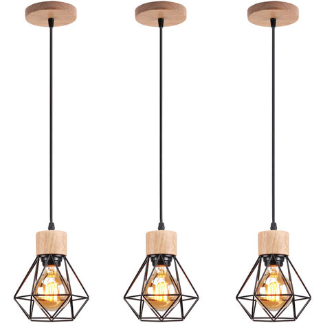 3er Pendelleuchte, Kronleuchter im Industri Stil, Antik Hängelampe mit Ø16cm Mini Diamant-Form Käfig E27 Halter für Wohnzimmer Schlafzimmer Esszimmer (Schwarz + Holzfarbe)
