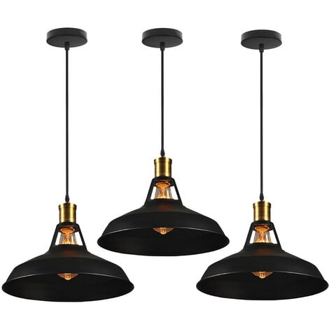 3er Pendelleuchte Lampenschirm Vintage Hängelampe aus Metall Edisen E27 Lampe für Loft Esszimmer Wohnzimmer Flur (Schwarz)