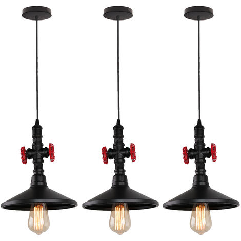 3er Pendelleuchte, Vintage Metall Kronleuchter mit Lampenschirm, Industrial Wasserrohr Hängelampe für Wohnzimmer Esszimmer (Schwarz)