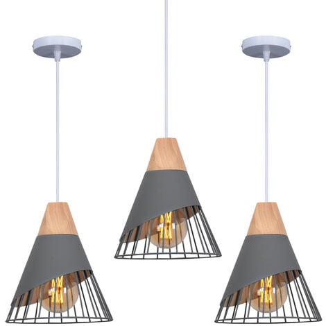 AXHUP 3er Pendelleuchten für Wohnzimmer, Kreative Hängelampe im Badminton Form, Moderne Stil Deckenlampe mit Holz & Eisen Lampenschirm (Grau)