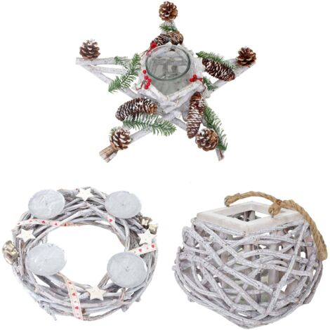 3er Set Adventskranz + Windlicht + Tischkranz Stern, Weihnachtsdeko Gesteck mit Glaseinsatz