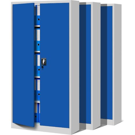 3er Set Aktenschrank C001 Metallschrank Stahlschrank Werkzeugschrank Büroschrank Lagerschrank Universalschrank Pulverbeschichtung Flügeltüren 185 cm x 90 cm x 40 cm (grau/blau)