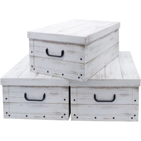 3er Set Aufbewahrungsbox mit Deckel 51 x 37 cm - Holzoptik weiß - Stapelbox aus Pappe mit Griffen 45 Liter - Organizer Storage Box Allzweck Spielzeug Kiste Geschenk Karton stapelbar
