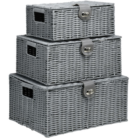 3er-Set Aufbewahrungskörbe aus PE- Rattan, mit Verschluss, Tragegriffen, 35,5 cm x 28,5 cm x 18 cm, Grau