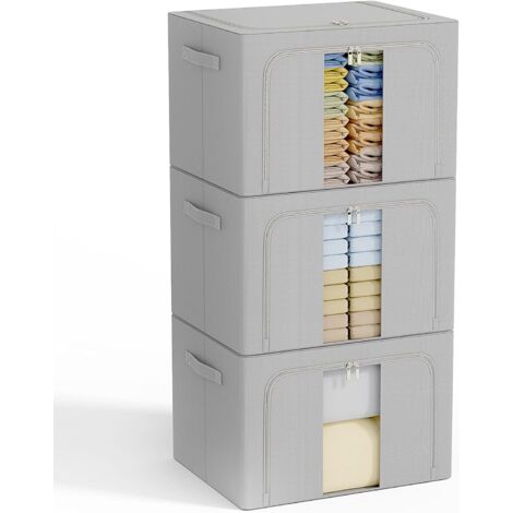 3er-Set Aufbewahrungstaschen für Kleidung, 198 l (je 66 l), faltbar mit Metallrahmen, auch als Bettdecken- und Kleiderschrank-Organizer geeignet, stapelbar, Grau