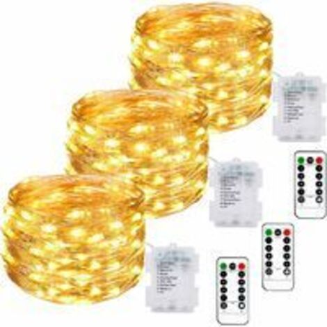 [3er-Set] Batteriebetriebene Lichterkette, 10 m, 100 LEDs, batteriebetriebene LED-Lichterkette mit Fernbedienung, 8 Modi, Timer-Funktion, IP65 wasserdicht, Lichtdraht, Dekoration für Innen- und Außenb