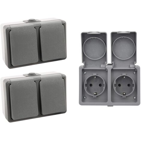 3er Set Feuchtraum Doppelsteckdose Serie Secure Aufputz IP44 250V grau 2-fach Steckdose